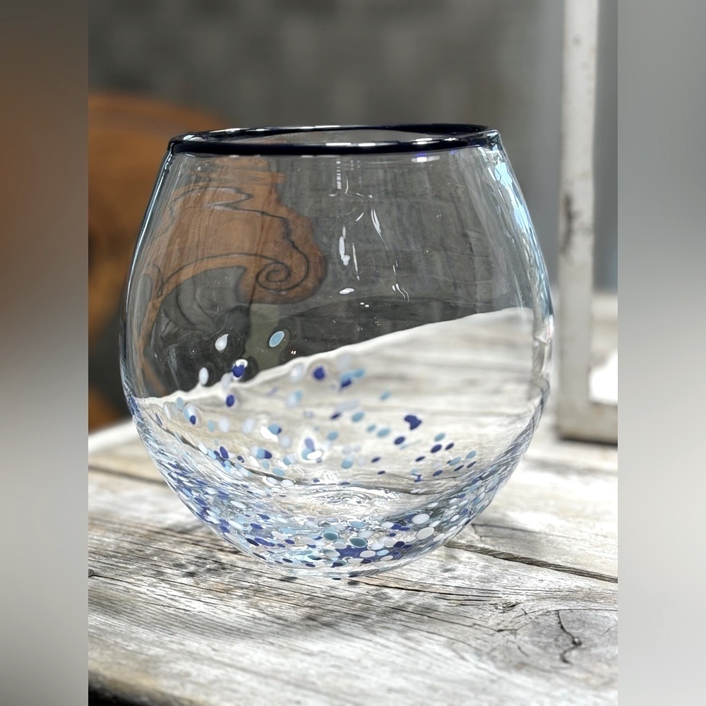 Artisan Hand Blown Glass Blue Confetti Bowl. Container | Vase | Coastal 6.5βT